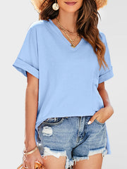 solid color v-neck short-sleeved top with short front long rear slits