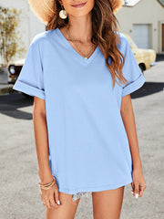 solid color v-neck short-sleeved top with short front long rear slits