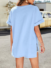 solid color v-neck short-sleeved top with short front long rear slits