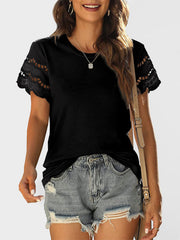 lace stitching short-sleeved T-shirt round neck top