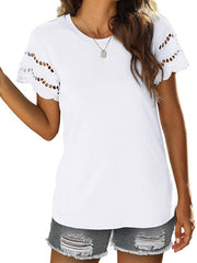 lace stitching short-sleeved T-shirt round neck top