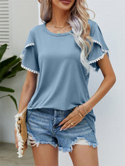 Round Neck Tassel Tulip Sleeve T-Shirt Casual Top