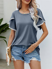 Round Neck Tassel Tulip Sleeve T-Shirt Casual Top