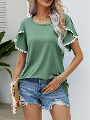 Round Neck Tassel Tulip Sleeve T-Shirt Casual Top