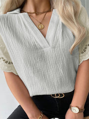 Solid Color Elegant Lace V Neck Short Sleeve Top