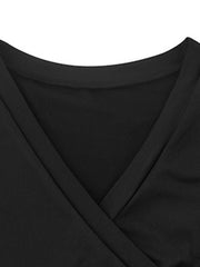 Cross V Neck Stitching Slim Long Sleeve Solid Color Top