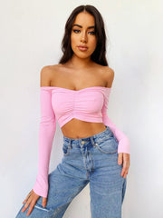 Damen Bauchnabel Cropped Slim-Fit Off-Shoulder Langarm Top