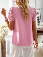 solid color temperament elegant stitching lace sleeve short-sleeved top