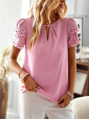 solid color temperament elegant stitching lace sleeve short-sleeved top