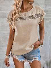 casual solid color stitching lace hollow short-sleeved top
