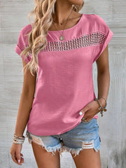 casual solid color stitching lace hollow short-sleeved top