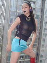 round neck three-dimensional flower see-through mesh slim fit T-shirt