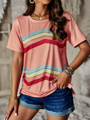 round neck T-shirt rainbow strip top
