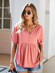 casual V-neck solid color babydoll short-sleeved T-shirt