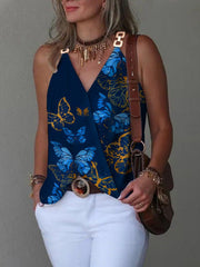 Simple V-neck Metal Buckle Printed Vest Top
