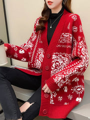 Weihnachts-Strickjacke mit Hirschkopf und Schneeflocke aus Jacquard