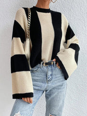 tops round neck thick stitched wide striped sweater