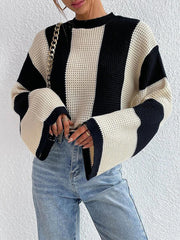 tops round neck thick stitched wide striped sweater