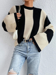 tops round neck thick stitched wide striped sweater