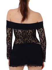 Lace Slim Fitable Row Neck Backless Long Sleeve T-Shirt