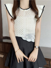 style hollow patchwork small flying sleeve sweater