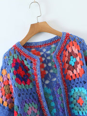 Cardigan ample au crochet à blocs de couleurs pour femme