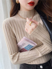 gerippter Rollkragenpullover mit halbem Kragen