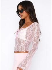 French hollow slim-fitting top with round neck slimming lace top