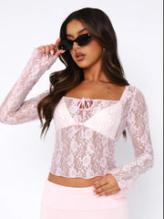 French hollow slim-fitting top with round neck slimming lace top