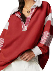 Sweat-shirt patchwork décontracté à manches longues et col en V pour femme