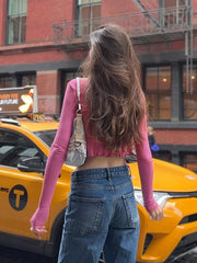 Haut slim à manches longues et volants irréguliers Y2K à col en U