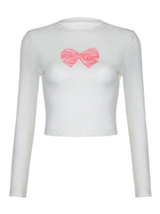 Bow print slim fit midriff-baring knitted long-sleeved T-shirt