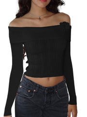 one-shoulder three-dimensional floral long-sleeved knitted top