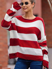rolled round neck striped color block sweater