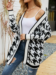 V-neck houndstooth cardigan sweater