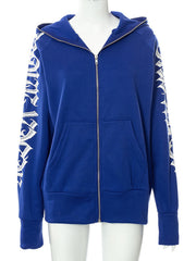 Zippered letter print hooded long-sleeved casual sweatshirt