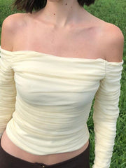 T-shirt slim à épaules dénudées, manches longues et cloche en maille, nombril dénudé