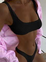 Damen-Bikini aus zerknittertem Stoff mit Macaron-Farben und geteiltem Badeanzug