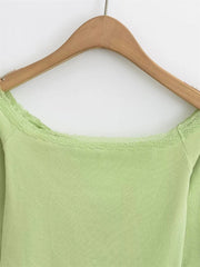 Damen Langarm-T-Shirt mit U-Boot-Ausschnitt und Patchwork-Spitze