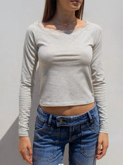 Damen Langarm-Pullover mit U-Boot-Ausschnitt und Spitzen-Patchwork