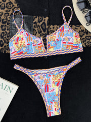 Women's split swimsuit small V-neck colorful edge ethnic print bikini