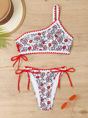 bikini asymétrique à une épaule, petit triangle imprimé frais, fendu, à lacets, réglable