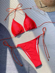 Women's bikini solid color rope strap swimsuit