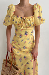 Elegant Mesh Square Collar Puff Sleeve High Waist Dress