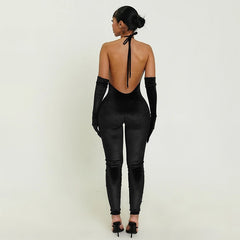 Street Tight Deep V Plunge neck Backless Short Sleeve One Piece Trousers