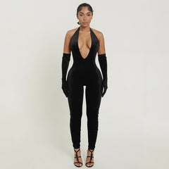 Street Tight Deep V Plunge neck Backless Short Sleeve One Piece Trousers