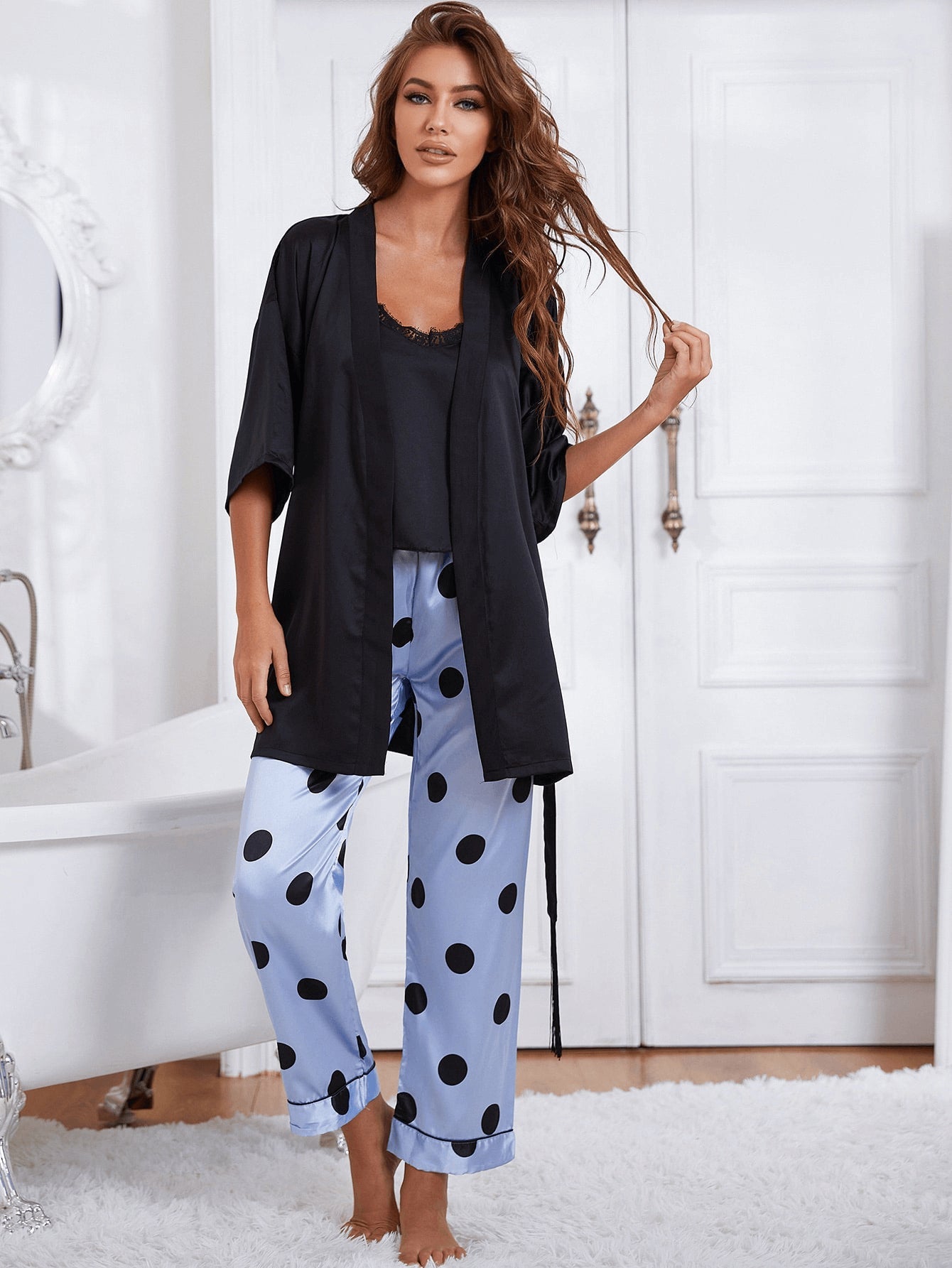 Cami, Robe, Printed Pants Pajama Set