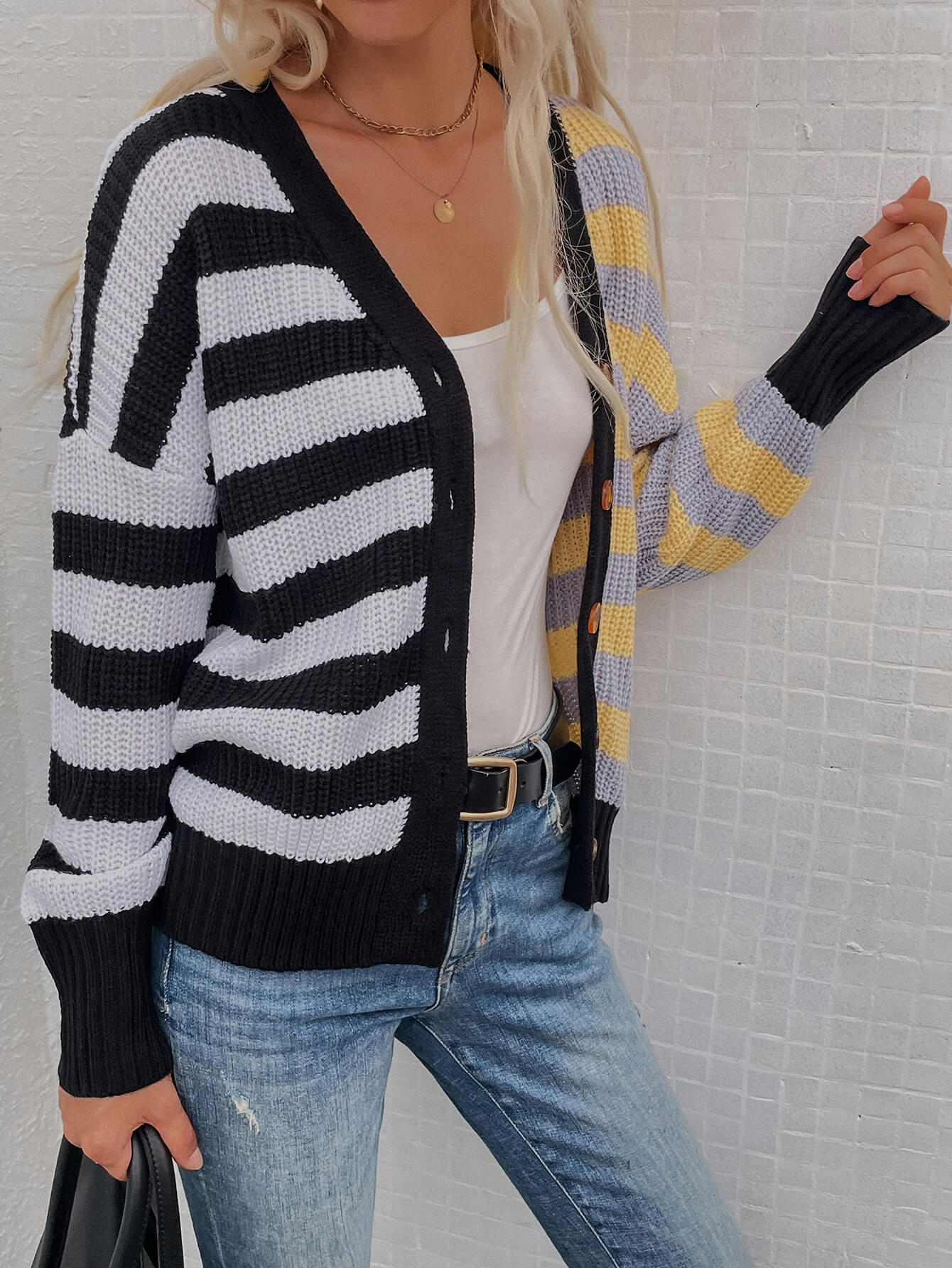 Striped Color Block Button Down Cardigan