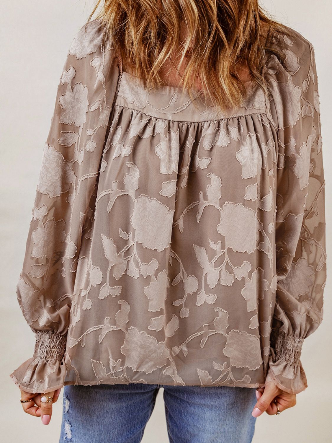 Applique Square Neck Flounce Sleeve Blouse