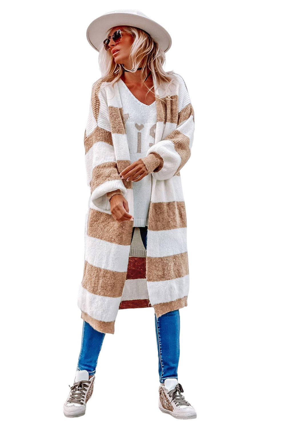 Khakifarbene, gestreifte Strickjacke mit Rippenmuster und Ballonärmeln